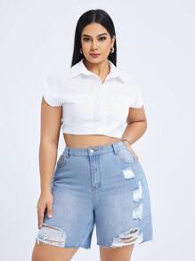 Plus Size Distressed Straight Leg Denim Bermuda Shorts Without Elasticity, Versatile - Blue - View 8