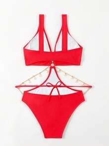 SHEIN Swim Women's Red Cut Out Chain Decor One-Piece Swimsuit, Summer Beach - Red - View 3