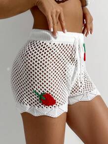Swim Mod Conjunto de pantalones cortos cubierta para mujer de vacaciones casual de unicolor transparente con cordón y parche de frutas para el verano - Blanco - Ver 7
