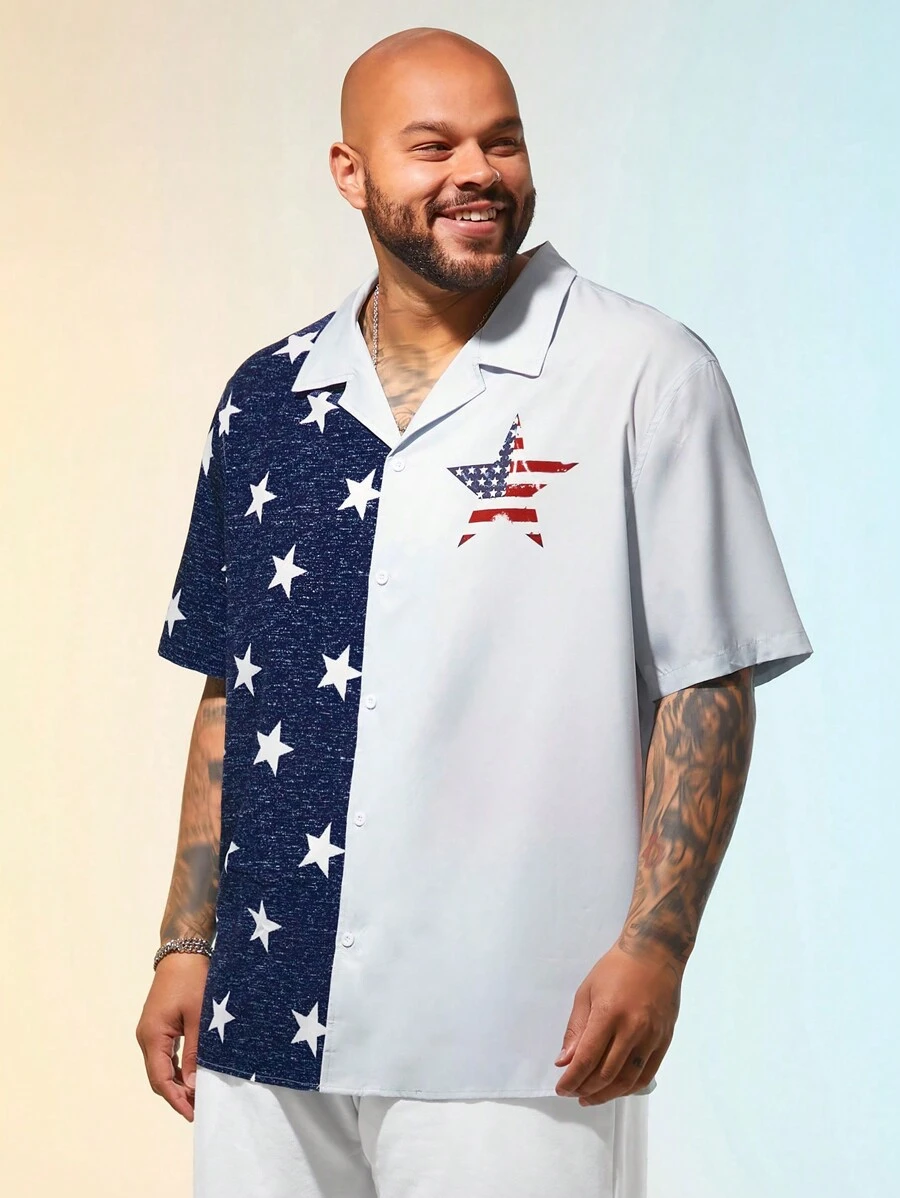 Manfinity VCAY Men's Plus Size Woven Short Sleeve Shirt With Printed Design, Slim Fit, Suitable For Summer And Daily Wear - Multicolor - View 1