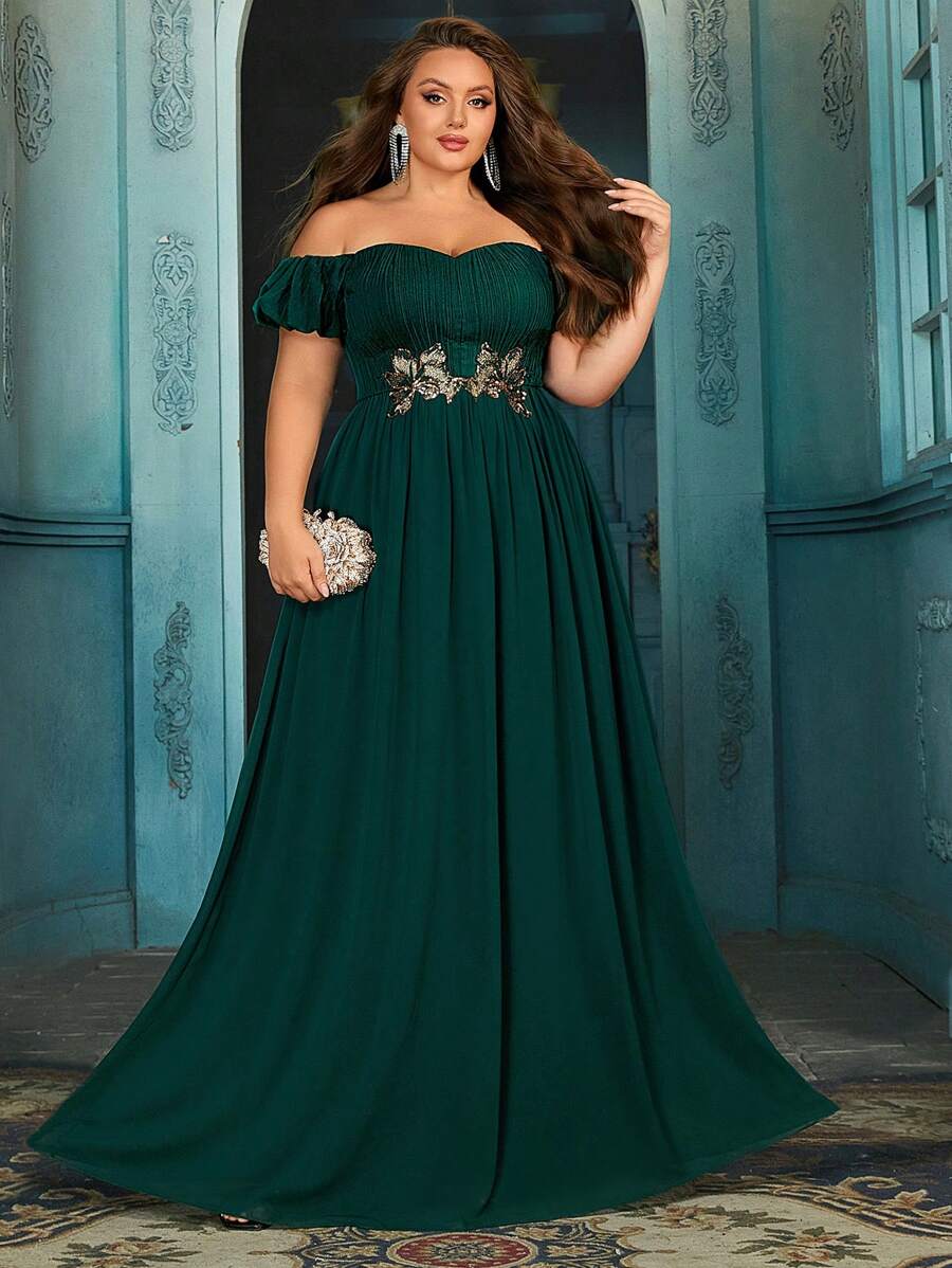 QOQ Simple And Elegant Solid Color Plus Size Off The Shoulder Applique Bridesmaid Dresses Dresses - Dark Green - View 1