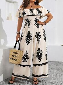 Breezaya Plus Size Vacation Style Printed Off-Shoulder Wide Leg Jumpsuit