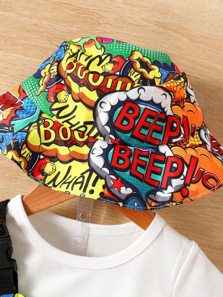4pcs Baby Boys' Casual Street Skating Game Machine Print Short Sleeve Top, Shorts, Backpack And Hat Summer Outfit