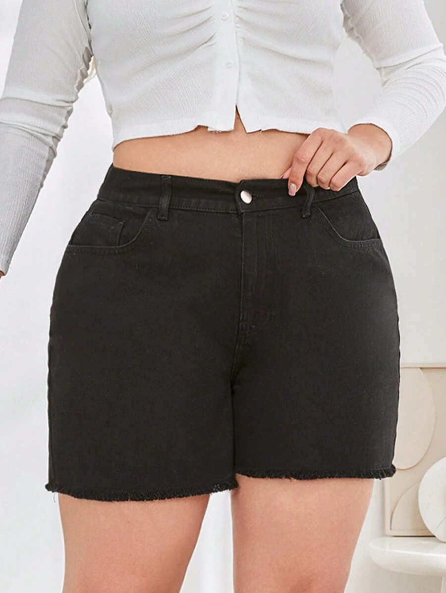 RueChic Plus  Raw Hem Denim Shorts - Black - View 1