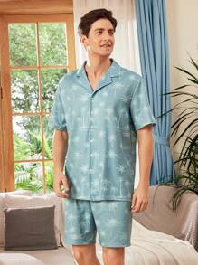 Conjunto informal para hombre de camisa estampada de palmeras de manga corta con botones y shorts para descansar durante las vacaciones