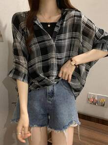 Blusa de cuadros de hombros caídos con top de tirantes - Negro - Ver 4