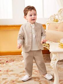 SHEIN Young Boy Casual College Style Neutral Solid Color Stand Collar Long Sleeve Shirt And Trousers Woven Two-Piece Set Boys Wedding Suitboys Dress Suits