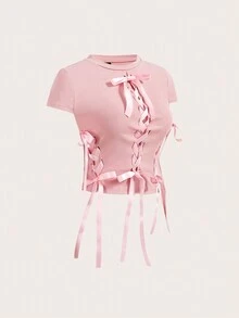 SHEINNeu Summer Kawaii Balletcore Braid Bow Ribbon Short Sleeve Round Neck T-Shirt K-Pop Club Holiday - Pink - View 5