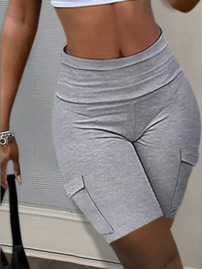 Slaydiva Shorts de mujer tejidos color gris claro con bolsillos tridimensionales, cintura ancha, pantalones ajustados a la figura, ideales para vestimenta casual de verano, trabajo en la calle, ciclismo y deportes al aire libre.
