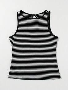 Striped Print Ribbed Knit Sleeveless Top Casual - Black - View 4