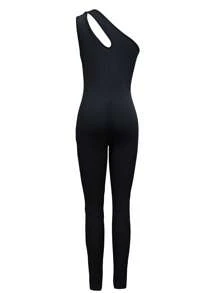 时尚纯色镂空无袖不对称肩部紧身连体衣，夏季健身套装女式 - 黑色 - 查看 3