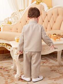 SHEIN Young Boy Casual College Style Neutral Solid Color Stand Collar Long Sleeve Shirt And Trousers Woven Two-Piece Set Boys Wedding Suitboys Dress Suits