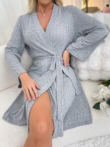 Women's Casual Light Grey Rib Knit V Neck Thigh Length Robe With Belt And Pockets Comfortable Loungewear Cozy And Elegant Details, For Fall Outfit