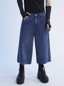 Manfinity Denimwave 男士Y2K復古寬鬆牛仔短褲，休閒風格 - 深色水洗藍 - 查看 1