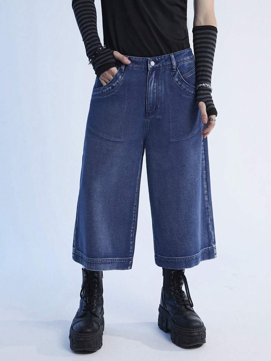 Manfinity Denimwave 男士Y2K復古寬鬆牛仔短褲，休閒風格 - 深色水洗藍 - 查看 1