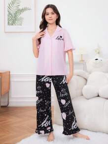 SHEIN Teen Girl's Knitted Comfortable Loose Shirt Collar Short Sleeve Top With Heart Pattern Long Pants Casual Homewear Set - Baby Pink - View 6