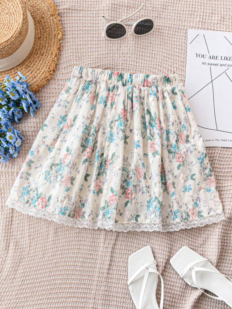 Women's Summer Holiday Romantic Countryside Style Elastic Waist Skirt With Lace & Floral Print Embroidery, Flared Loose Mini Skirt For Graduation And Elegant Afternoon Tea