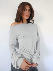 Firerie Women's Spring/Summer Solid Color Off The Shoulder Long Sleeve Loose Casual T-Shirt - Grey - View 5