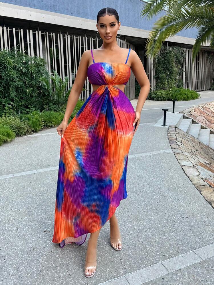 Ladies' Tie-Dye Print Hollow Out Asymmetric Hem Summer Spaghetti Strap Dress