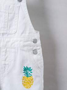 SHEIN 年輕女孩簡約刺繡白色牛仔背帶褲 - 白色 - 查看 4