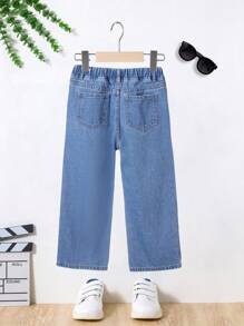 SHEIN Jean ample décontracté de couleur imprimé étoile pour garçon jeune, sac leger, à la mode pour quotidien et été, vêtements d'été mignons pour l'école - Bleu azur - Voir 3