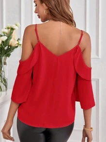 SHEIN Clasi 女士純色露肩荷葉邊彈性春季上衣 - 紅色 - 查看 2