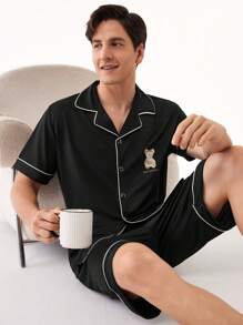 Conjunto de ropa de hogar para hombre que incluye camisa de manga corta con bloques de color y shorts - Negro - Ver 8