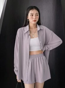 DAZY 女士两件套：纯色纹理休闲商务衬衫和短裤 - 淺灰紫 - 查看 5