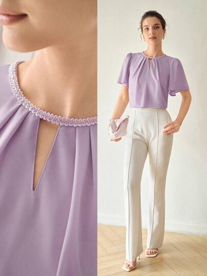 MOTF PREMIUM SOLID KEYHOLE NECK FLUTTER SLEEVE FOLD PLEATED BLOUSE,CHIC BLOUSE