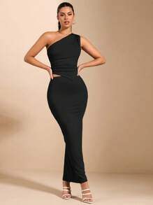 SHEIN BAE 蓝色不对称领口无袖褶皱短款上衣和紧身铅笔裙日常休闲女式两件套