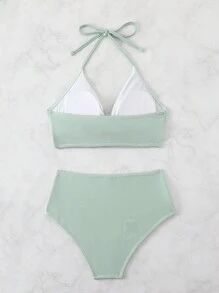 Women's Solid Color Cross Halter Halter Sexy Bikini Set, Summer Beach Swimwear - Mint Green - View 2