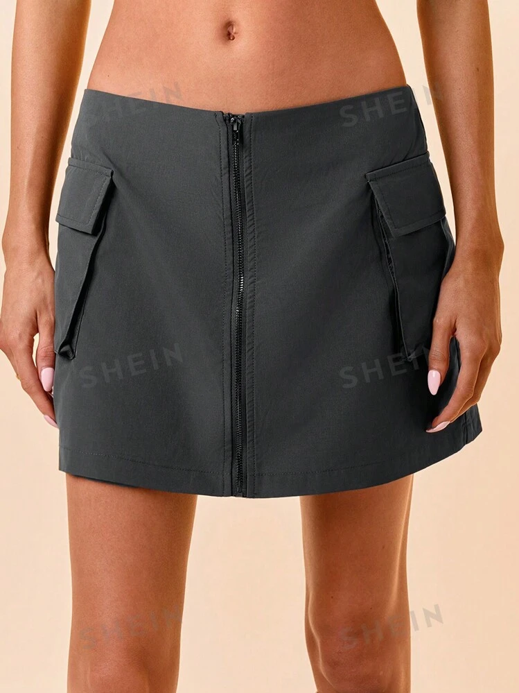 Aloruh Women s Plain Office Siren Outdoor Sporty Street Commuter Covered 3D Cargo Pocket Mini Cargo Skirt