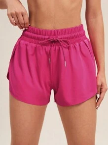 SHEIN Core Rhythm 女士抽绳纯色休闲运动短裤舒适短裤 - 玫紅色 - 查看 6