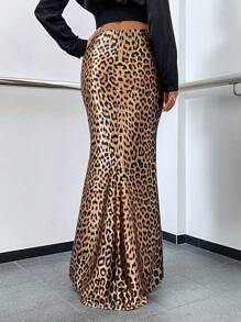 Glamine Falda larga tipo cola de sirena con estampado de leopardo para el atuendo de mujer