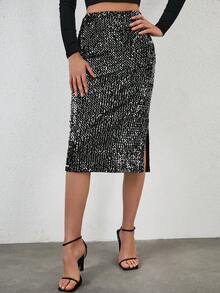 EURMUSE High Waist Split Hem Sequin Skirt - Black - View 4