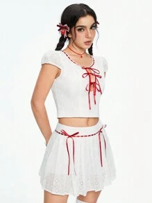 ROMWE Kawaii 可愛對比拼接蝴蝶結設計提花紋理女士兩件套裝 - 白色 - 查看 5