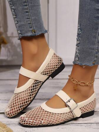 2025秋季新款女士网眼乐福鞋，时尚百搭透气网面鞋履，一脚蹬搭扣玛丽珍款式，轻便柔软鞋底休闲平底鞋，米色，适合时尚年轻女性，芭蕾平底鞋