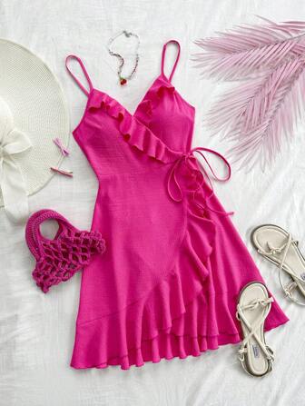 Soleia Vestido de tirantes de verano para mujeres en color rosa roja con textura de tela, vestido envolvente con cinturilla, volantes y nudo en el lateral del estilo A-line