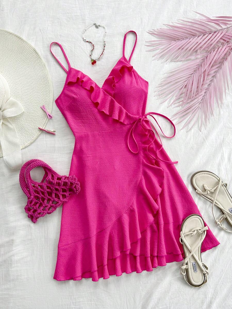 Soleia فستان الصيف النسائي باللون الأحمر الوردي مع حزام خصر من النسيج المموج بطرف كشكش وعقدة جانبية وقصة A بلا أكمام