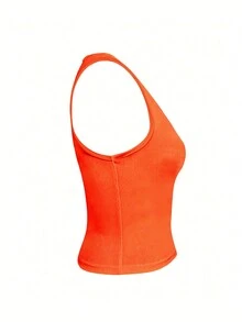 INAWLY 女士日常穿著款簡約純色無袖背心，運動上衣 - 橘色 - 查看 3