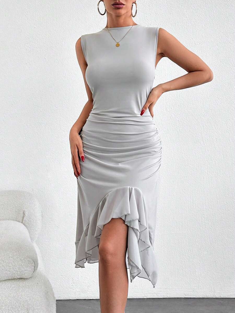 Asymmetrical Tube Dress With Ruffles, Ruffle Trim, Ruched Details - Grey - View 1