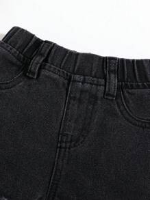 SHEIN Baby Boy's Fashionable Casual Ripped Plaid Patchwork Loose Straight Le Denim Jeans - Black - View 5