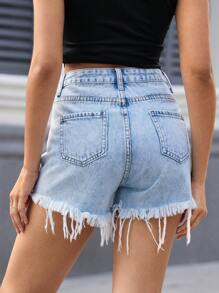 SHEIN Essnce Women's Casual Denim Shorts With Frayed Hem And Distressed Pockets, Perfect For Daily Wear And Travel