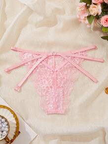 SHEIN 女士日常簡約鏤空蕾絲修身三角褲，性感內衣 - 粉色 - 查看 2