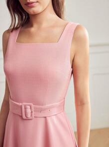 MOTF Classy VÁY DÂY CỔ VUÔNG RẮN THẮT NÚT - Màu Hồng  San hô - Xem 3