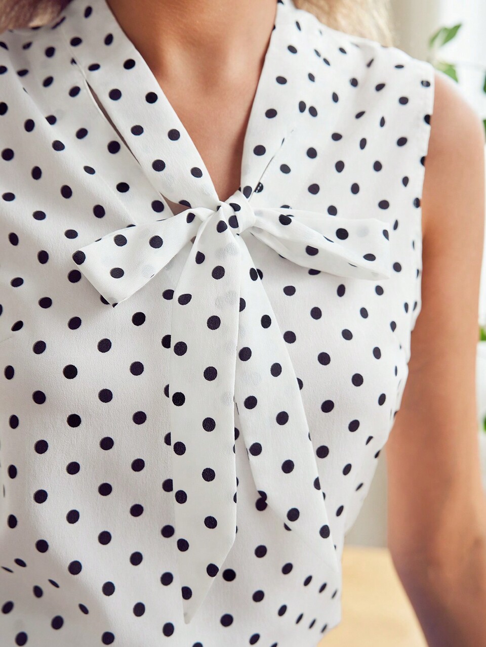 MOTF Classy POLKA DOT TIE NECK SLEEVELESS BLOUSE