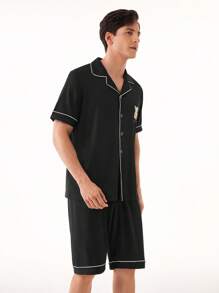 Conjunto de ropa de hogar para hombre que incluye camisa de manga corta con bloques de color y shorts - Negro - Ver 7