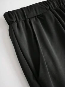 SHEIN 大尺碼女士簡約日常深V側肩純色兩件套裝 - 黑色 - 查看 4