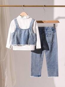 SHEIN Playful Pals 3pcs Set: Girls Denim Suspender Shirt + Tank Top + Fringe Trim Pants, Denim Outfit - Light Wash - View 2