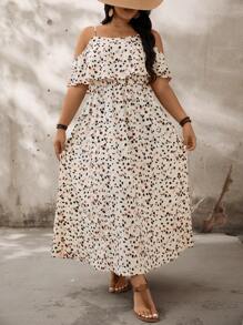 SHEIN LUNE 大尺碼女裝假日風格小花紋荷葉邊連身裙 - 彩色 - 查看 1